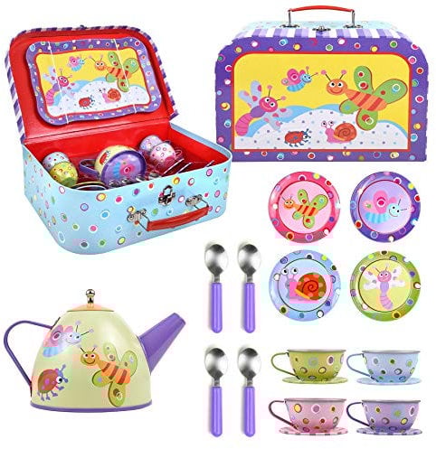 SOKA Little Bugs Metal Tin Teapot Set Age 3+ with Carry Case Toy for Kids - 18 Pcs Illustrated Colourful Design Toy Tea Party Set for Boys and Girls Pretend Role Play