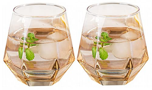 LKMY Crystal Whiskey Glass Gift Set of 2, 300ml Hexagonal Corner Tumbler Glass Set, Barware Bourbon Brandy Wine Beer Cup Tea Cup Glasses (Amber)