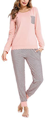 Doaraha Pyjama Femme Hiver Coton Ensembles de Pyjama Manches Longues Vêtements de Nuit Chaud Col Rond à Carreaux Bas de Pyjama Grande Taille S-XXL