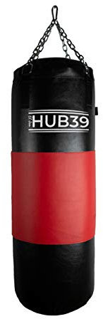 Hub39 Boxsack aus Leder, Vollleder, 40 kg, Sack – Boxsack, Länge: 100 cm, Voll-Boxsack, 40 kg (schwarz, rotes Band)