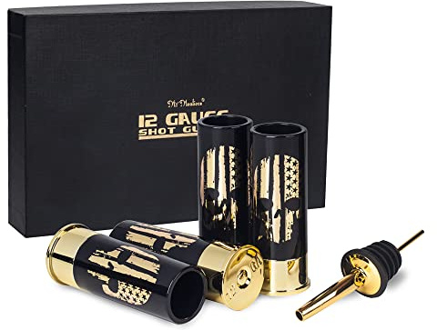 12 Gauge Shot Glasses with Bullet Bottle Opener and Golden Colour Stainless Steel Alcohol Pourer ，Great Drinking Glass Set for Men