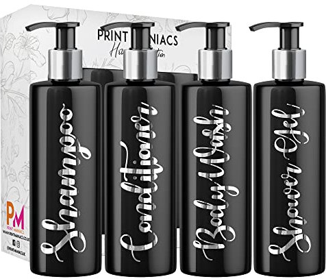 Print Maniacs Black Mrs Hinch Inspired Personalised 500ml Pump Bottles Bathroom Lotion Kitchen Set Shampoo Conditioner (Shower Gel Set) (Silver)