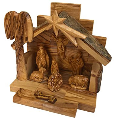 Olivenholz Krippen-Set aus Rindendach, Stall, mit Urkunde des Heiligen Landes