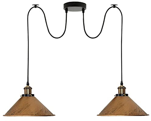 Lampada a sospensione industriale doppia, regolabile, a 2 teste, con cavo da 200 cm, attacchi E27, paralumi in metallo per cucina, sala da pranzo, soggiorno, bar, caffetteria (Rame spazzolato)
