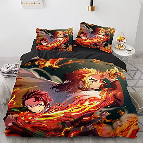 Zbeiba Demon Slayer Bettwäsche 135x200 Bettbezug 135 x 200cm 1 Kissenbezug 80x80cm 2 teilig,A1,Anime-Bettbezug für Jungen und Mädchen