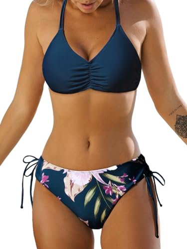 CUPSHE Damen Bikini Set V Ausschnitt Raffung Lace Up Bikini Bademode Reversible Bikinihose Blumenmuster Zweiteiliger Badeanzug Swimsuit Marineblau/Blume L