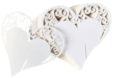Fayemint 50 Stück Platzkarten Schimmer, Glasanhänger Platzkarten, Tischkarten Love Heart, für Weinglas Cup Deko Hochzeitsfeier Champagnerglas Deko Gastgeschenk Tischdeko (Weiß)