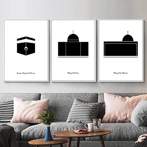 BROLEO Moschee Kaaba Islamisches Poster Schwarz Weiß Minimalistischer Druck Wandkunst Gemälde Religion Bild Moderne Heimdekoration/Kein Rahmen
