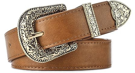 JK Home 108 cm Vintage Gürtel Damen Herren mit Carved Gravur Schnalle aus Metall Western Cowboy Kunstleder 2,8 cm breit für Cowgirl-Hosen, Gold Khaki, 108x 2.8cm