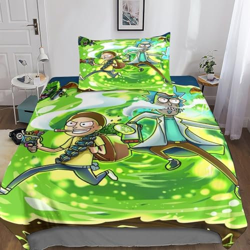 Rick Morty Bettwäsche Set Für Mädchen Jungen Kinder 3D Gedruckte Rick Morty Bettbezüge Mikrofaser Bettbezug Set Lustige Betten Set Dekor Single(135x200cm)