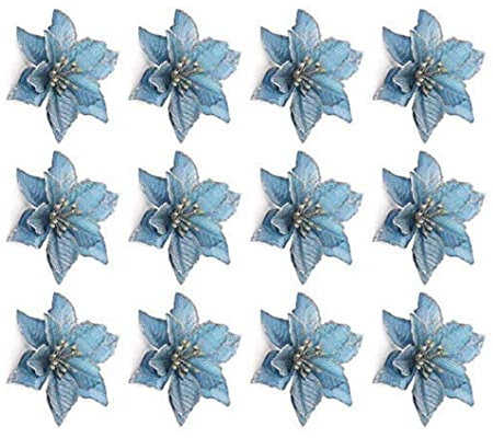 12pcs Weihnachten Glitzer Weihnachtsstern Blumen Baum dekorative Blume Hochzeit Ornament 13cm Blau künstliche Weihnachtsblumen Hochzeit Weihnachtsbaum Neujahr Ornamente