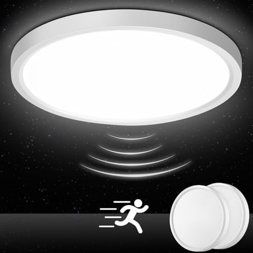 Oraymin 2 Stücke LED Deckenleuchte mit Radar Bewegungsmelder, 18W 1800LM 4000K Lampe mit Bewegungsmelder innen, IP44 Deckenlampe Flach für Treppe, Balkon, Flur, Keller, Garage, Carport, Ø 23*H2.4cm