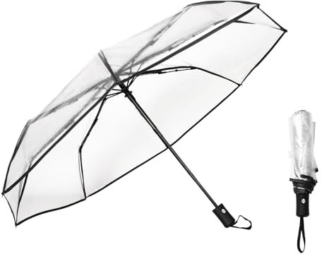 Pumwoy Transparenter Regenschirm, Dreifach Faltbarer Regenschirm Winddicht, Reise-Regenschirm Schirm transparent für Fotografie-Requisiten, Partys, Hochzeiten (Schwarz)