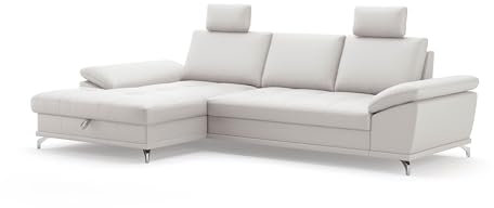 Cavadore Eckcouch Castiel mit Federkern / Ecksofa mit XL-Longchair, Bett, Bettkasten, Sitztiefenverstellung, Kopfstützen und mattschwarzen Metallfüßen / 301 x 89-114 x 176 / / Echtleder, Weiß