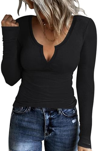 Rapbin Damen Langarmshirt Eng V Ausschnitt Stretch Pullover Langarm Oberteile Hemd Tshirts Frauen Casual Basic Tops Gestreiftes Bluse (A-Schwarz,XXL)