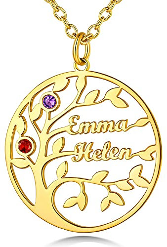 Custom4U Collier pour Femme Acier Inoyxdable Plaqué Or avec 2 Prénoms à Graver Arbre de Vie Généalogique Pierre de Naissance Plaqué Or Bijoux Fantaisie pour Femme