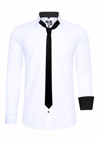 Rusty Neal Herren-Hemd Premium Slim Fit Langarm Stretch Kontrast Hemd mit Krawatte Business-Hemden Outfit Freizeithemd Set 44_99, Größe:4XL, Farbe:Weiß/Schwarz