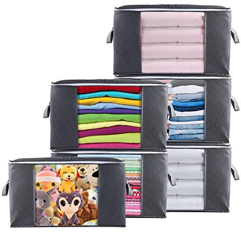 Cajas Almacenaje Ropa 6 Piezas, 90L Grandes Bolsa Almacenamiento Ropa con Cremallera y Mango Reforzado, No-Tejida Plegable Organizador Guardar Ropa para Edredones, Mantas