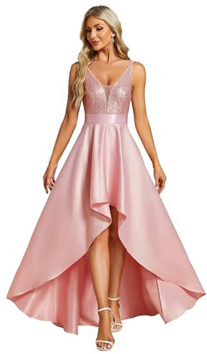 Ever-Pretty Vestito da Damigella d'Onore Lungo Stile Impero High Low Abiti da Cerimonia Chic ed Elegante Rosa 50
