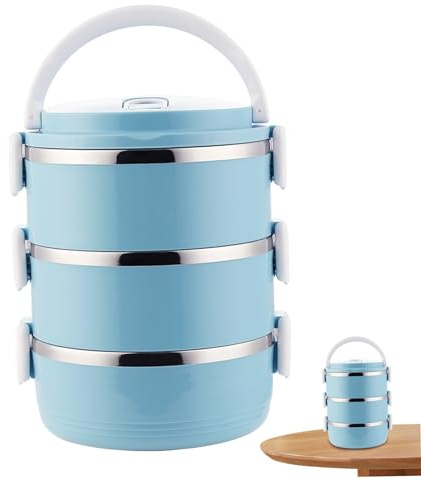 CAKEEYUM Stapelbare Edelstahl-Lunchbox 3-Tier-Isolier-Metall-Lunchbox mit Griffen 2100 ml tragbarer lecksicherer BPA-freier Bento-Box für Erwachsene, Picknick blau