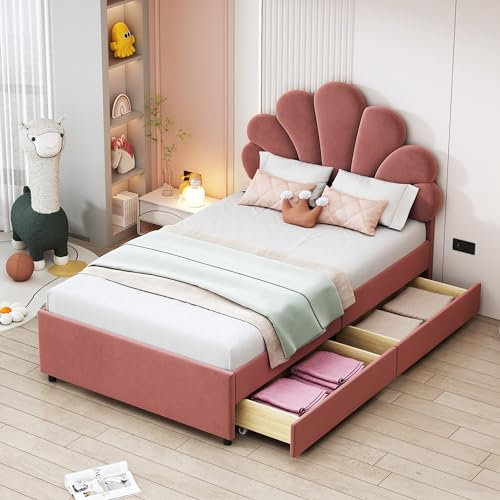 ZYLOYAL10 Polsterbett Kinderbett 90 x 200 cm, Bettgestell mit Kopfteil in Blumenform und Lattenrost, Teenie-Mädchenbett in hautfreundlichem Samtstoff, Gästebett (Rosa - mit 2 Ablagefächern)