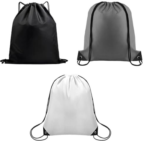 SGERUFZ 3 Pcs Waterproof Sports Gym Sack Backpack for Gym Swimming and Travel Unisex Drawstring Bag for School Kindergarten and Adults Noir Blanc Gris