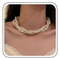 TseenYi Collana girocollo con perle stratificate Collana di perle in argento Collana di perle grandi Collana di perle bianche intrecciate Perline piccole Collana di filo di perle Collana perle vintage