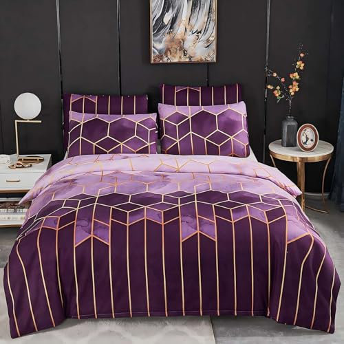 Freyamy Bettwäsche 200x200cm 3 Teilig Geometrische Marmor Kariert Wendebettwäsche Violett Lila Microfaser Modern Bettbezug mit Reißverschluss und 2 Kissenbezug 80x80cm