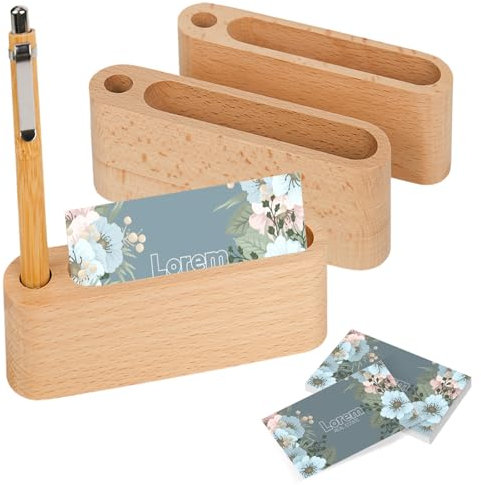 RUCUDIM Porta biglietti da visita in legno, 3 pezzi, porta biglietti da visita, in legno, forato, altamente stabile, per biglietti da visita, per esposizione, ufficio