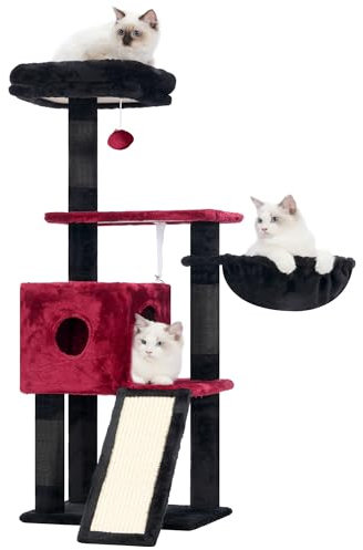 Hey-brother Arbre à Chat, Tour de Jeux pour Chats Intérieur de 108 cm, griffoir Multi-Niveaux pour Chatons, avec griffoir, Rampe, Panier, Trou spacieux pour Chat, Rouge-Noir EMPJ007SBR