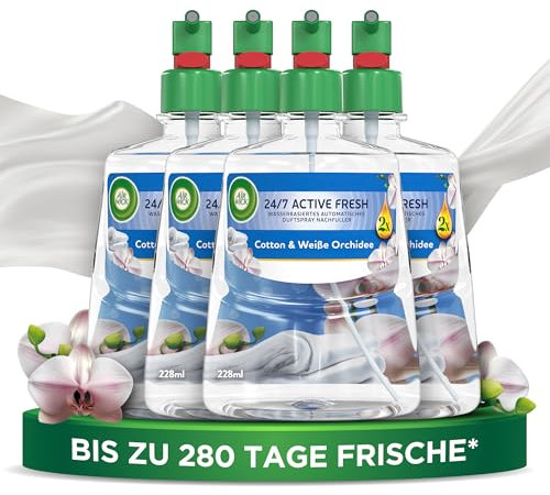 Air Wick Active Fresh – Aeorosolfreier, automatischer Lufterfrischer – Raumduft Cotton & Weiße Orchidee – 4 x 228 ml Nachfüller