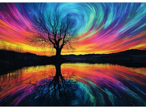 Lamplig Puzzle 1000 Teile für Erwachsene – Natur Nordlicht Landschafts | Buntes Polarlicht Lebensbaum Naturmotiv, Klassische Puzzles mit Poster und Buchstaben, Geschenk für Familie Puzzlespiele
