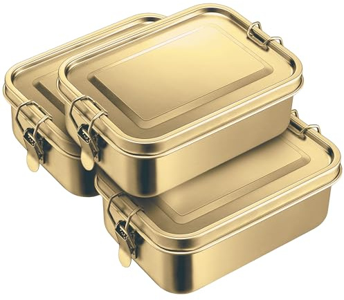 Litlheim 3-Pack 850ml (28.7 oz) Stainless Steel Gold Color Bento Lunch Box Containers with Lids - Waterproof Metal Food Storage - Snack Prep Trays and Tiffin Carriers