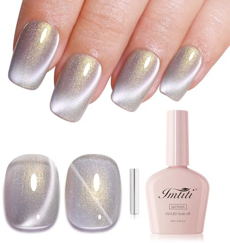 Imtiti Aurora Cat Eye Gel Polish, Pearl White Grey Holographic Glitter Magnetic UV Soak Off Gel Nail Polish (0.34 Fl Oz-997)