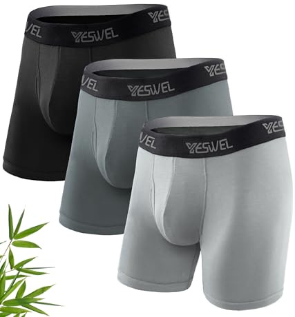 YESWEL Mens Bamboo Boxers 2XL, Longer Leg Boxer Shorts with Fly, Anti - Chafing Underwear Trunks, No Itchy Labels Underpants Pack of 3 Multicolor (Black Grey Light Grey)