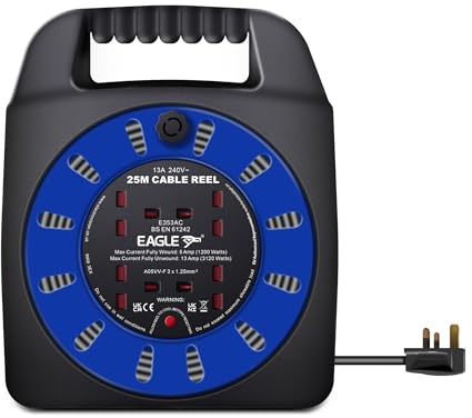 Eagle 4 x UK Socket Extension Reel with Handbag Type Holder, Restable Thermal Safety Cut Out Protection, Easy Hold Handle, Winding Handle, UK Plug. Extending Extension Lead 13 Amp 25m