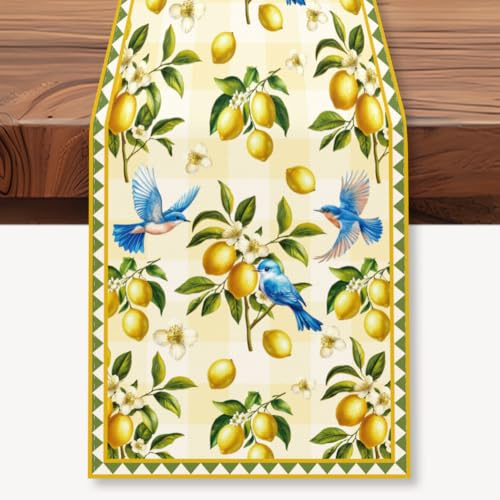 WADORN Tischläufer Mit Zitronenbaum Vögeln, Tischläufer Im Retro Mit Zitronen Obstvögeln Bauernhaus Küchen Esstischdekoration Frühlings Sommersaison Für Zuhause Feiertage Partys 33x183cm