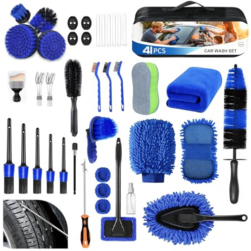 41Pcs Professional Car Cleaning Kit, Wet & Dry Use for Interior, Exterior | Car Wash Kit with Portable Handbag, Detailing Kit, Durable Drill Brush, Apply to Wheels, Trucks, Motorcycles