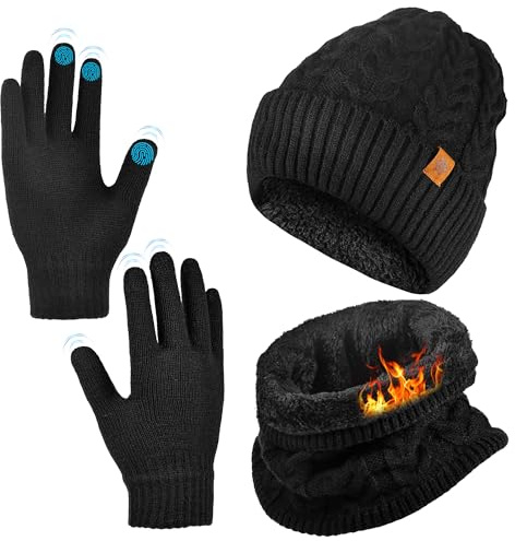 Chumix Mütze, Schal & Handschuh-Sets für Damen Herren, Slouchy Beanie Mütze Herren Winter Schlauchschal Winterhandschuhe Touchscreen Handschuhe für Kaltes Wetter 3-in-1 Geschenk Set für den Winter