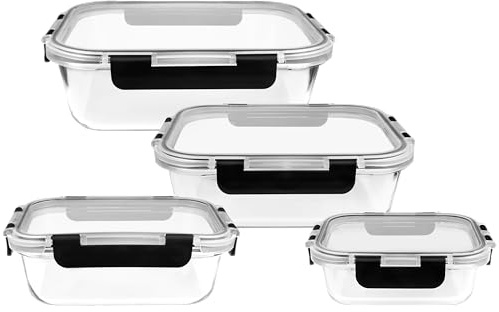 KUUKA Boîtes Alimentaires en Verre borosilicate avec couvercles silicone – set 4x 370 ml + 640 ml + 1050 ml + 1520 ml, boîtes hermétiques pour frigo, four, micro-ondes, congélateur, meal prep