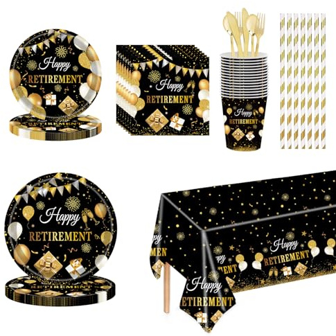 Retirement Party Tableware Set for 24 Guests – 121-Piece Black Gold Plates Cups Napkins Cutlery Set for Retirement Celebration Supplies