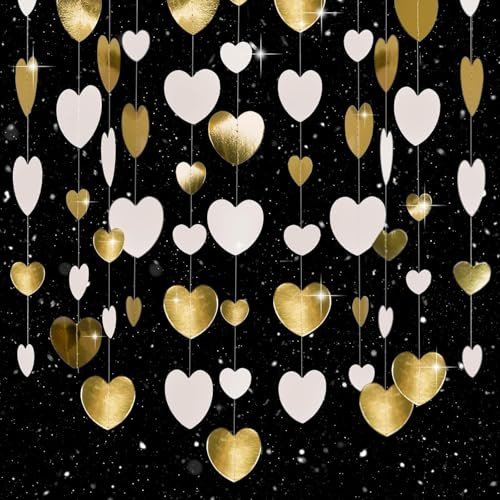 G2PLUS 16M Gold Weiß Girlande Glitzer: 4 Stücke Herz Girlande | Hängende Papiergirlande für Hochzeit, Valentinstag, Geburtstag, Verlobung