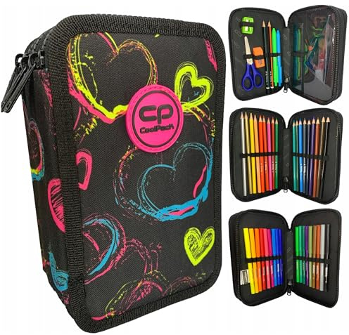 Goldkids - Federmäppchen 3 Fächer - Mäppchen für für Mädchen und Jungen - Federmappe 3-Fach Federtasche Gefüllte Schüleretui und Schulmäppchen - Bunte Herzen Motiv