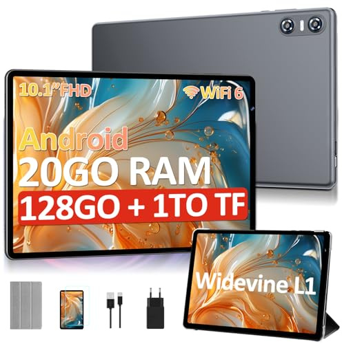 Tablet 10 Pollici Android con 20 GB RAM + 128 GB ROM(Espandibile Fino a 1 TB), Widevine L1, Octa-Core, Wi-Fi 6, Bluetooth 5.0, Fotocamera 8MP + 5MP, 6000mAh, Tablet con custodia protettiva, Grigio