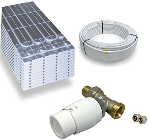 Warmwasser Trockenestrich Fußbodenheizung HoWaTech DRY Komplett Set 5/10m² Dämmplatte 30mm EPS WLG 035 DEO und RTL Ventil Ausführung Durchgang, Heizfläche:10.00m²