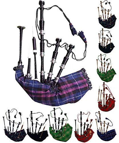 AAR Schottische Dudelsack aus Rosenholz oder schwarzem Finish mit silberfarbenen Passepartouts inklusive Tutorbuch, Tragetasche, Drohne, Schilfrohr Black Finish