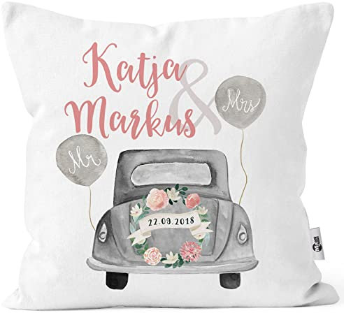 MoonWorks® personalisierbares Kissen zur Hochzeit, Hochzeitskissen Auto Hochzeitsgeschenk Geldgeschenk Kissenhülle optional mit Schleife weiß 40cm x 40cm ohne Schleife