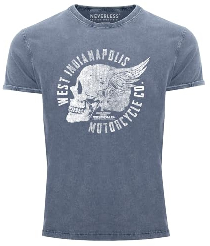 Neverless® Herren T-Shirt Vintage Shirt Printshirt Totenkopf Skull Wings Used Look Slim Fit