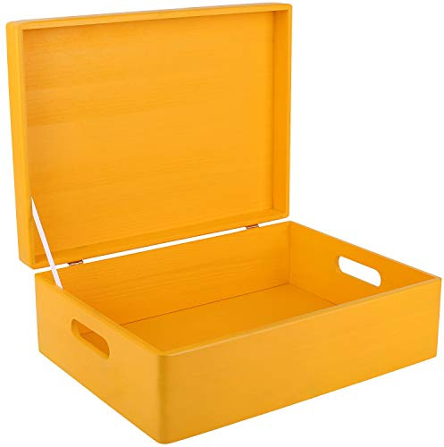 Creative Deco XL Large Yellow Plain Wooden Storage Box | 40 x 30 x 14 cm | (+/-1 cm) | Hinged Lid & Handles | Gift Christmas Xmas Box Storage | UNSANDED Wood Keepsake Memory Craft Chest
