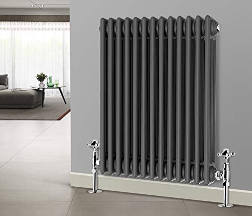 NRG Cast Iron Radiator Traditional Triple Column Horizontal Designer Anthracite Rads with Angled Pair of Valves 600 x 605mm